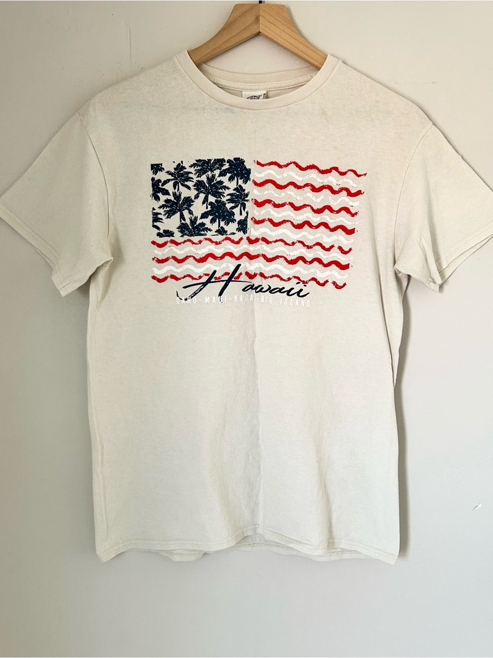 Delta White Hawaii Flag Graphic Tee with Navy Palm Design and Red Stripes